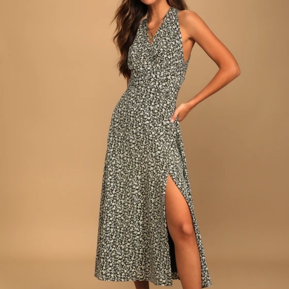 Lulu’s Blooming with Sweetness Olive Green Floral Print Midi Dress